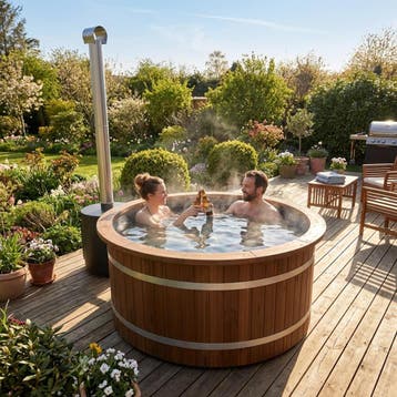 Duurzame hottub met houtkachel voor tuin en wellness, Ophalen of Verzenden, Nieuw, Pomp, Vast