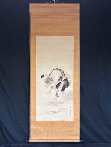 Shibata Zeshin - Kippen en een kuiken bij de waterkant -