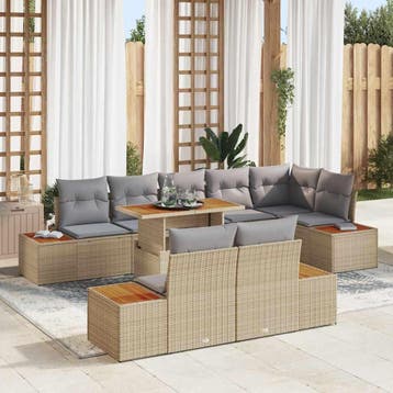 vidaXL Tuin Sofa Set 9 st Beige Poly riet, Verzenden, Nieuw, Rotan, Meer dan 8 zitplaatsen