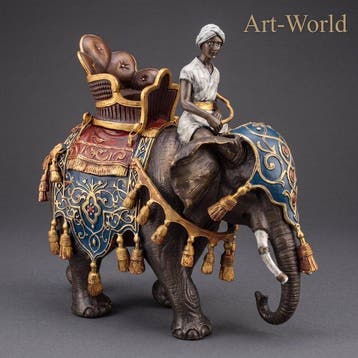 Beeld, Bronzen sculptuur van een olifant met rijder - 23 cm, Antiek en Kunst