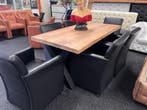 Nwe. Mango Houten Eettafel X Onderstel 6 zwart leren stoelen, Ophalen, Zo goed als nieuw