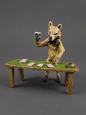 Beeld, Vos met kaartspel - 9.5 cm - Brons