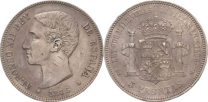 5 Pesetas 1876, Spanien Alfons Xii 1874-1885, Postzegels en Munten, Munten | Europa | Niet-Euromunten, Verzenden