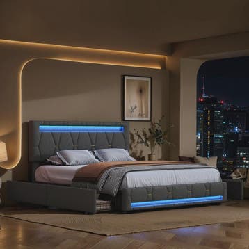 Modern Gestoffeerd Dubbel Bed met LED Verlichting en 4 Opber, Verzenden, Nieuw