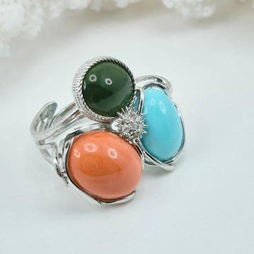 Bloedkoraal - Zilver - Ring - turkoois, koraal en jade