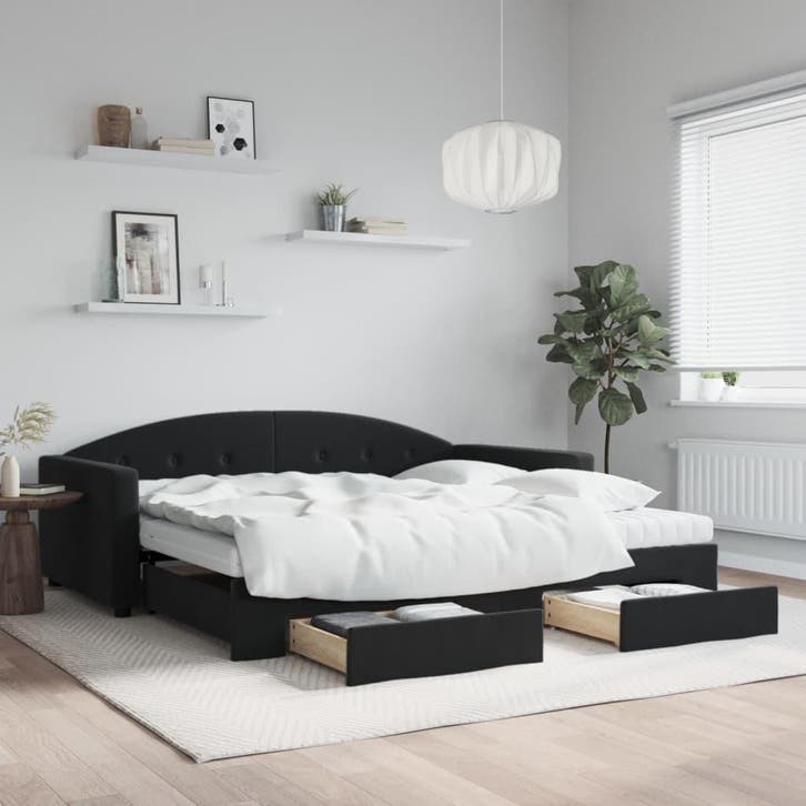vidaXL Slaapbank met onderschuifbed en lades 100x200 cm, Huis en Inrichting, Slaapkamer | Bedden, 100 cm, 200 cm, Zwart, Eenpersoons