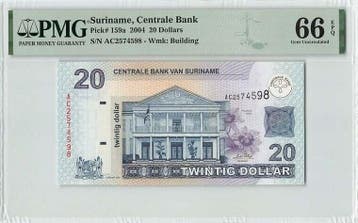 2004 Suriname 20 Dollars Pick 159a Pmg Gem Unc 66 Epq, Verzenden
