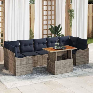 vidaXL Tuinbankenset 8 st Grijs en Marineblauw poly rattan, Verzenden, Nieuw, Rotan, 8 zitplaatsen