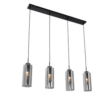 Art Deco hanglamp zwart met smoke glas 4-lichts - Laura, Huis en Inrichting, Verzenden, Nieuw, Glas, Art Deco