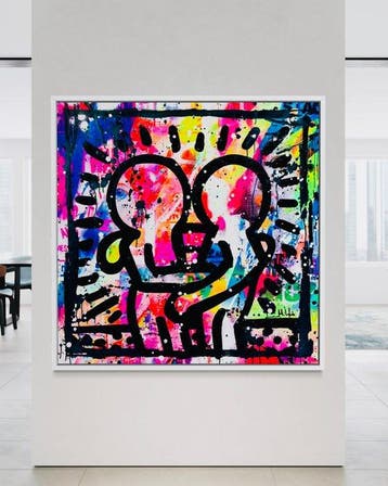 Mikko - Haring Couple Love On Frame - XXL (NO RESERVE!), Antiek en Kunst, Kunst | Schilderijen | Modern