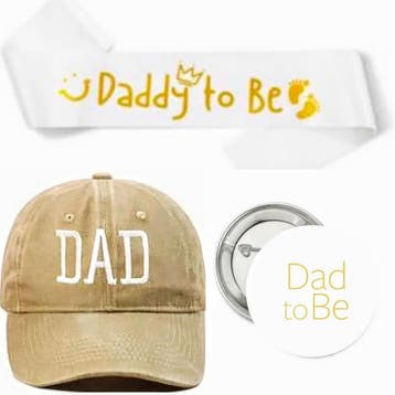 Dad to Be cap, sjerp en button beige, wit en goud, Verzenden, Nieuw, Versiering, Geboorte of Huwelijk