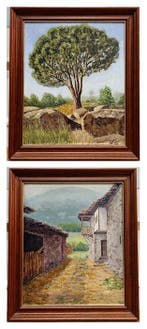 Spanish School (XX) - Diptych of tree and rural architecture