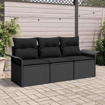 vidaXL Bankstel met kussen 3 pcs Zwart poly rattan, Verzenden, Nieuw, Rotan, 3 zitplaatsen