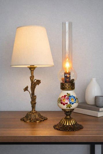 Buffet tafellamp (2) - Messing, Keramiek, Glas, Textiel -