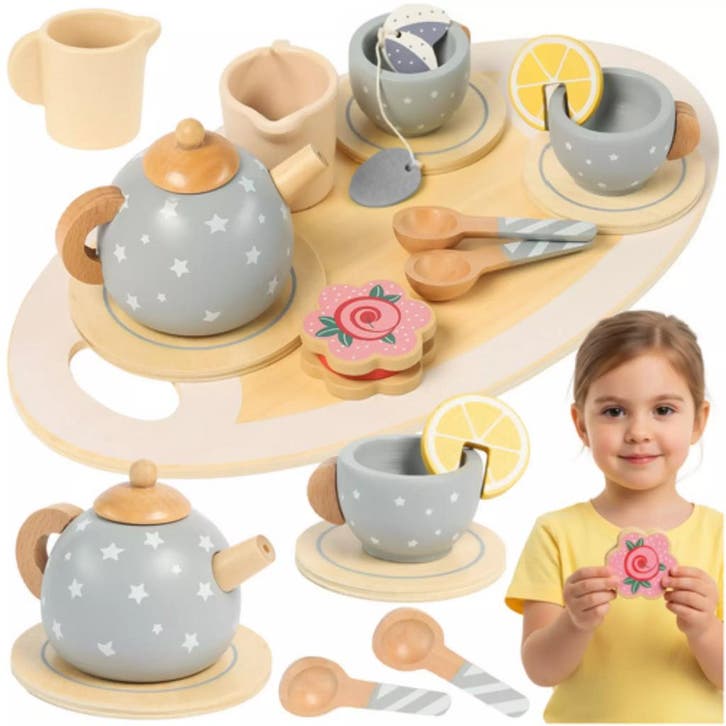 Kruzzel Complete grijze houten theeset met kopjes, koekje..., Kinderen en Baby's, Speelgoed | Overig, Nieuw, Ophalen of Verzenden