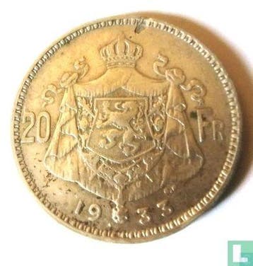 België 20 francs 1933 (FRA - positie A), Postzegels en Munten, Verzenden, Losse munt, Goud