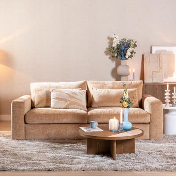50% Korting: 3-zitsbank Kyle chenille peach, Huis en Inrichting, Banken | Bankstellen, Ophalen, Zo goed als nieuw, Stof, Scandinavisch