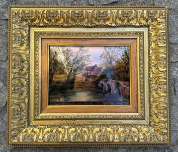 Limoges. Meester emailleur 1950. Landschap bij de brug -, Antiek en Kunst
