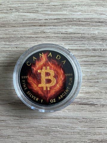 Canada. 5 Dollars 2025, Maple Leaf - Burning Bitcoin, 1 Oz