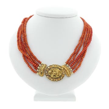 Antiek collier met bloedkoralen en gouden mutsenbel., Gebruikt, Ophalen of Verzenden, Met edelsteen, Goud