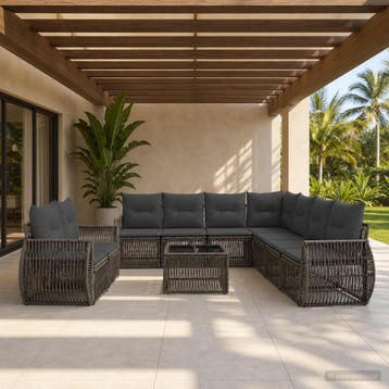 vidaXL Tuinbankenset 10 st Grijs en Donkergrijs poly rattan, Verzenden, Nieuw, Meer dan 8 zitplaatsen