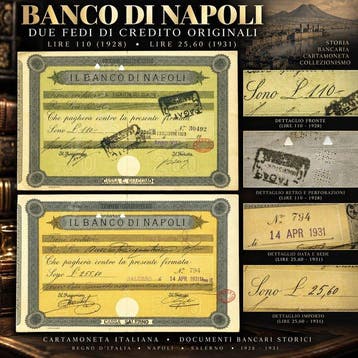 Italië. Lire Banco di Napoli – Lotto di 2 Fedi di Credito –