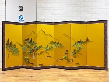 Kamerscherm - Hout, Zijde, Textiel, Koper, Zespaneel gouden