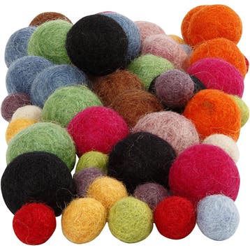 Wol kralen, d 10+20 mm, diverse kleuren, 52 stuk/ 1 doos, Nieuw