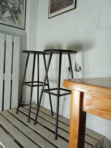 Kruk - Vintage industriële hoge barkrukken - Staal, Hout