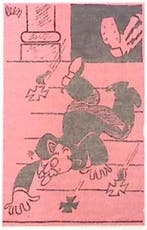 Spotprent met uit gebouw getrapte man (lijst optie, Lithos), Verzenden