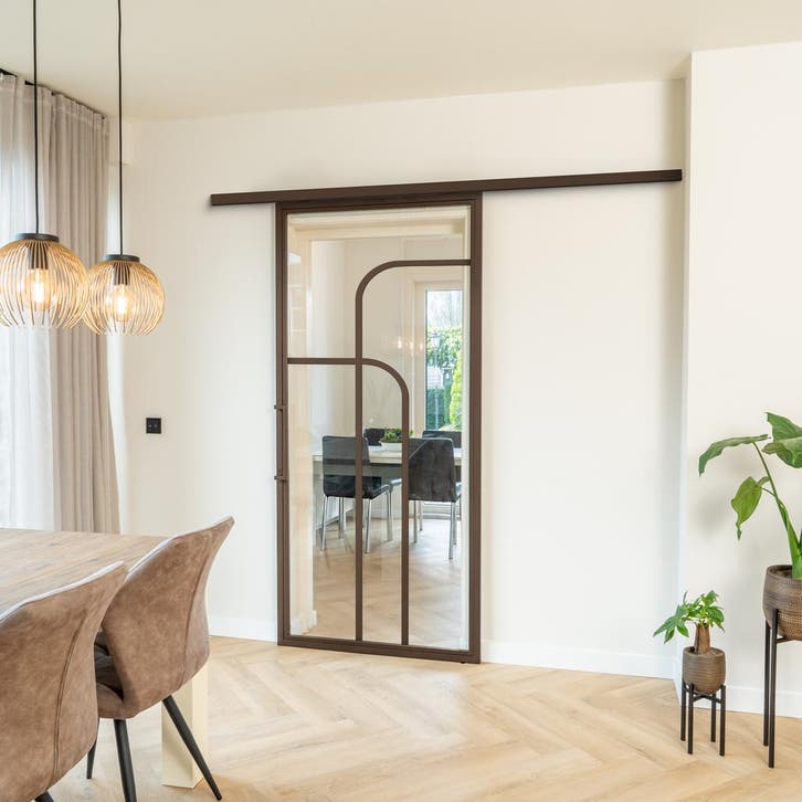 Stalen Schuifdeur koofsysteem Brons 4 Vlaks rond Helder glas, Doe-het-zelf en Verbouw, Kozijnen en Schuifpuien, Inclusief glas