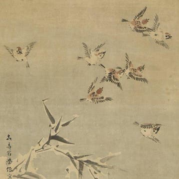 Many Sparrows Flying with Box - ba Gakusen  (1820-1899)