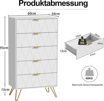 Commode - Dressoir - Ladekast - 60x34x110 cm - Wit - UEV, Verzenden, Zo goed als nieuw