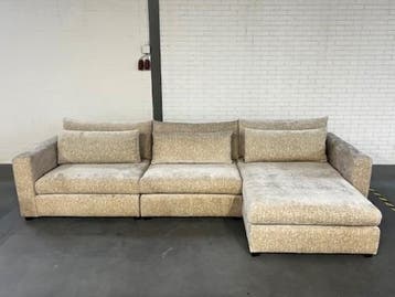 4x6 sofa – X2 Modulaire Hoekbank In Ecru Velours - Modulaire, 300 cm of meer, Eclectisch, Ophalen of Verzenden, Zo goed als nieuw