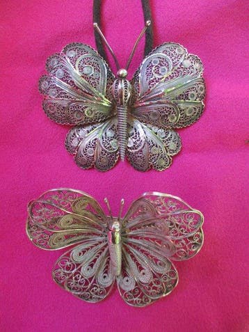 Art Deco-sieraden. Broche + hanger. Vlinders. Zilveren