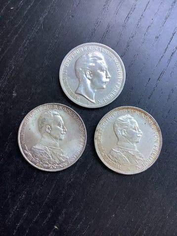 Duitsland, keizerrijk Wilhelm II. 3 Mark 3x 1910/1914, incl.