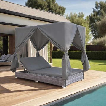 vidaXL Loungebed met gordijnen poly rattan grijs, Tuin en Terras, Ligbedden, Verzenden, Nieuw