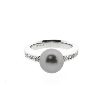 Witgouden ring met Tahiti parel en diamanten; 0,10 ct., Gebruikt, Ophalen of Verzenden, 17 tot 18, Met edelsteen