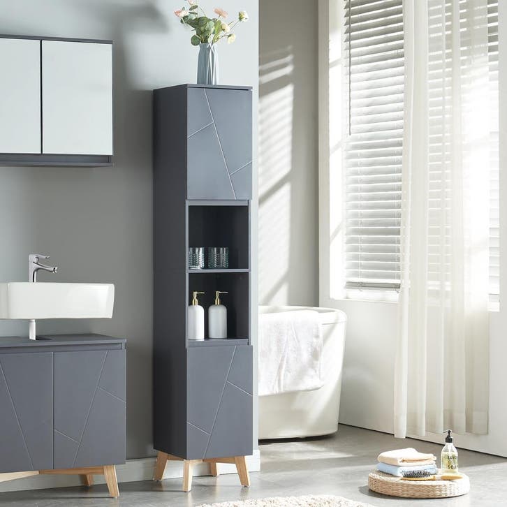 Badkamerkast Overath kolomkast 160x30x30 cm grijs en houtkle, Huis en Inrichting, Badkamer | Badkamermeubels, Verzenden
