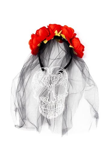 KIMU® Haarband Bruid Skull Ghost Rozen Sluier Skelet Diadeem, Ophalen of Verzenden, Nieuw, Halloween, Accessoires