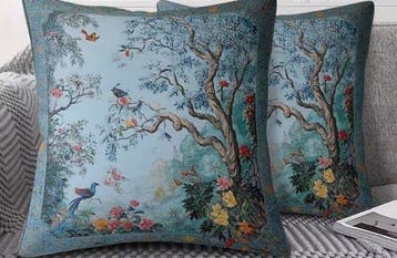 Kussenslopen in blauwtinten met bloesemboom en vogels -