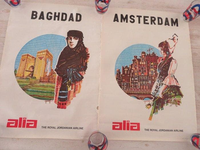Twee Vintage poster - affiches van The Jordanian Airline, Antiek en Kunst, Antiek | Wandborden en Tegels