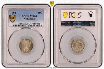 Koningin Wilhelmina 25 cent 1904 MS64 PCGS gecertificeerd, Verzenden, Zilver, 25 cent, Koningin Wilhelmina