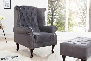 Chesterfield vleugelfauteuil antiekgrijs met knoopstiksel en, Ophalen of Verzenden, Nieuw
