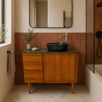 Badkamermeubel | Vintage | Met Roldeur | Teak |  4577, Minder dan 50 cm, 75 cm of meer, Ophalen of Verzenden, Zo goed als nieuw