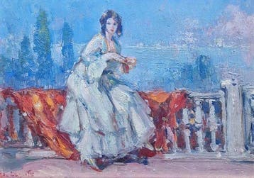 Ulisse Caputo (1872-1948) - Nobildonna su terrazzo in Costa, Antiek en Kunst, Kunst | Schilderijen | Klassiek
