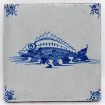 Antiek Tegel - Antieke Delftsblauwe tegel met (zee)baars -