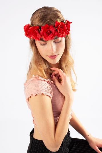 KIMU® Bloemenkrans Haar Rozenkrans Rood Rode Bloemen Haarban, Ophalen of Verzenden, Nieuw, Carnaval, Accessoires