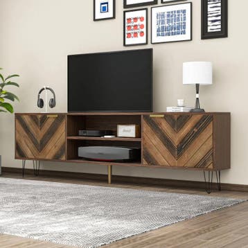 TV-meubel 155 cm – Houten lowboard met deuren en gouden acce, Verzenden, Nieuw
