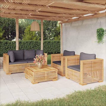 vidaXL 5-delige Loungeset met kussens massief teakhout, Verzenden, Nieuw, 4 zitplaatsen, Loungeset